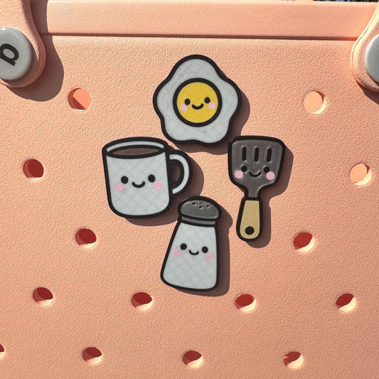 Kitchen Cuties Charm Set: 3D Printed Spatula, Egg, Coffee, Salt Shaker